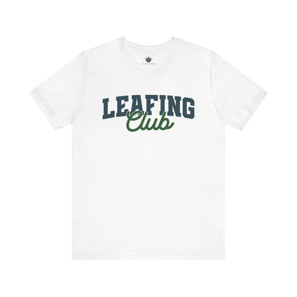 White t-shirt with 'LEAFING Club' text on a white background