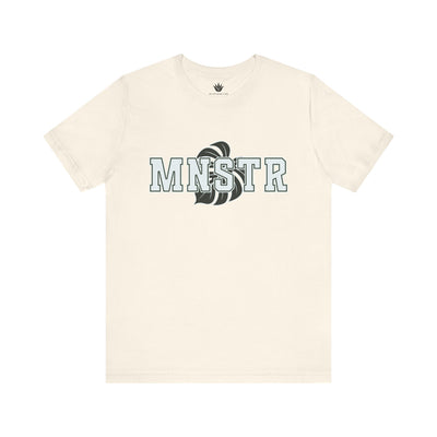 Beige t-shirt with 'MINSTR' logo on a white background