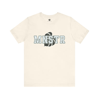 Beige t-shirt with 'MINSTR' logo on a white background