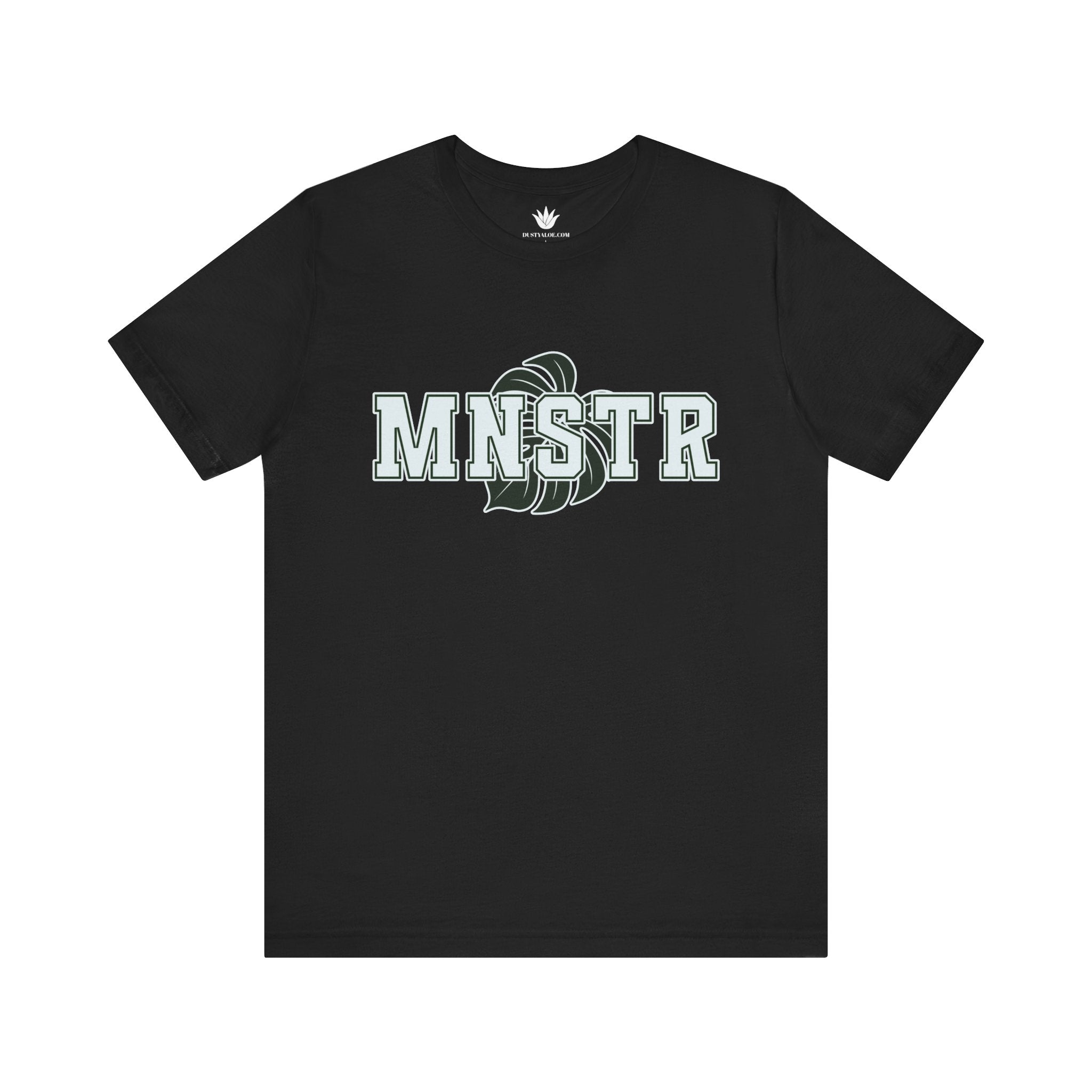 Black t-shirt with 'MNSTR' logo on a white background