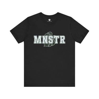 Black t-shirt with 'MNSTR' logo on a white background