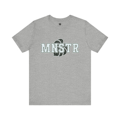 Gray t-shirt with 'MNSTR' logo on a white background