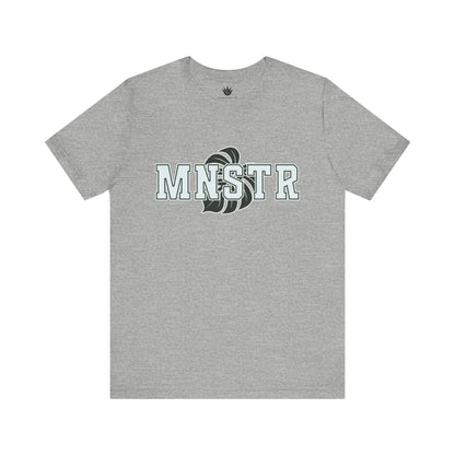 Gray t-shirt with 'MNSTR' logo on a white background
