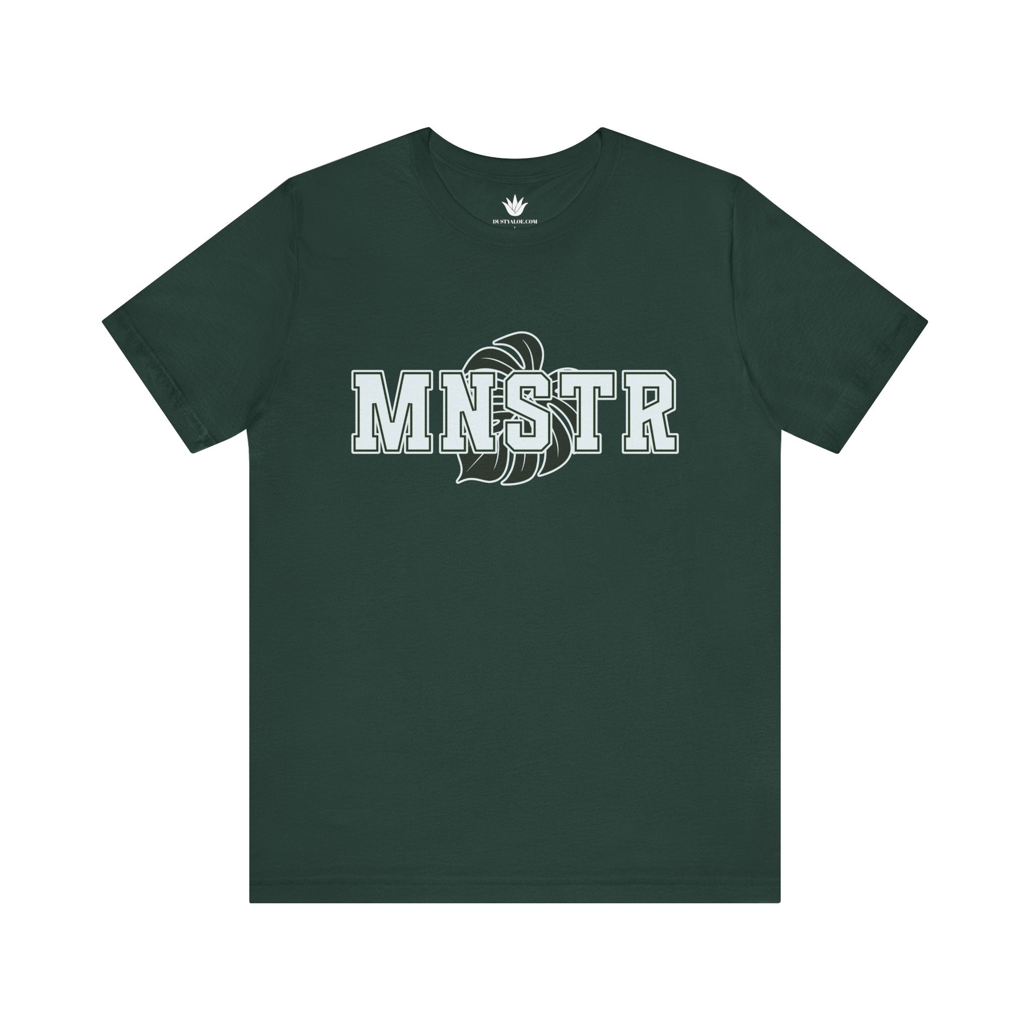 Green t-shirt with 'MNSTR' logo on a white background