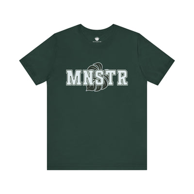 Green t-shirt with 'MNSTR' logo on a white background