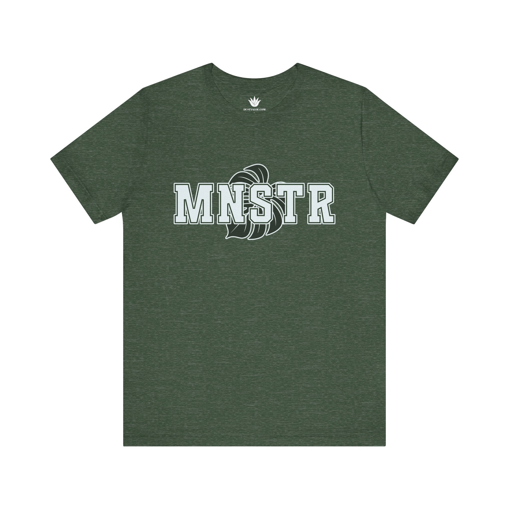 Green t-shirt with 'MNSTR' logo on a white background