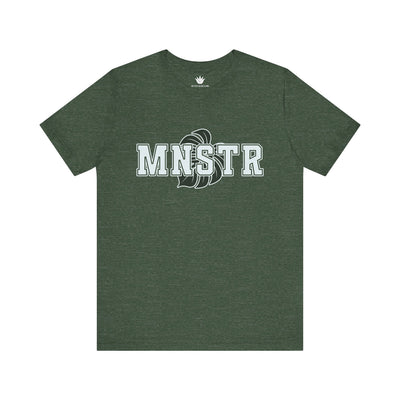 Green t-shirt with 'MNSTR' logo on a white background