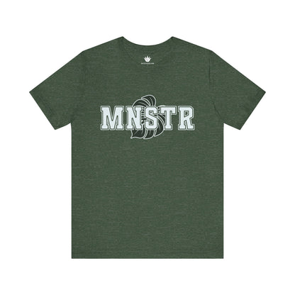 Green t-shirt with 'MNSTR' logo on a white background