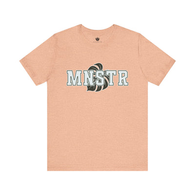 Peach t-shirt with 'MINSTR' logo on a white background