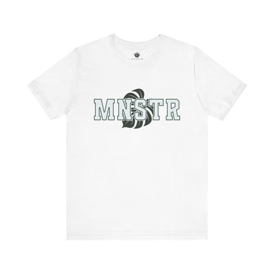 White t-shirt with 'MINSTR' logo on a white background