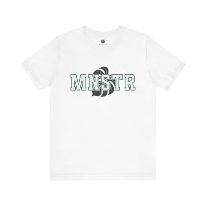 White t-shirt with 'MINSTR' logo on a white background
