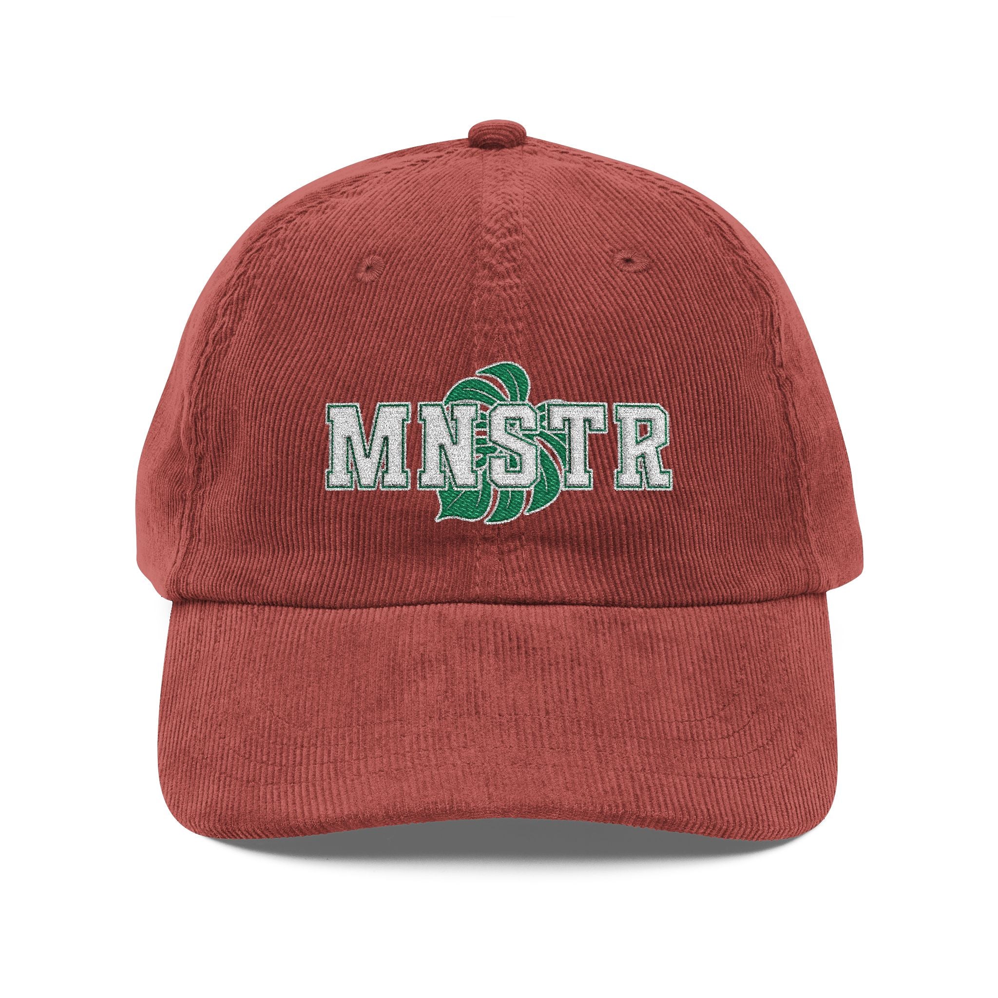 Red MNSTR vintage corduroy cap with embroidered monstera leaf design, plant lover apparel from Dusty Aloe.