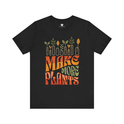 Black t-shirt with colorful 'MAKE MORE PLANTS' design on a white background