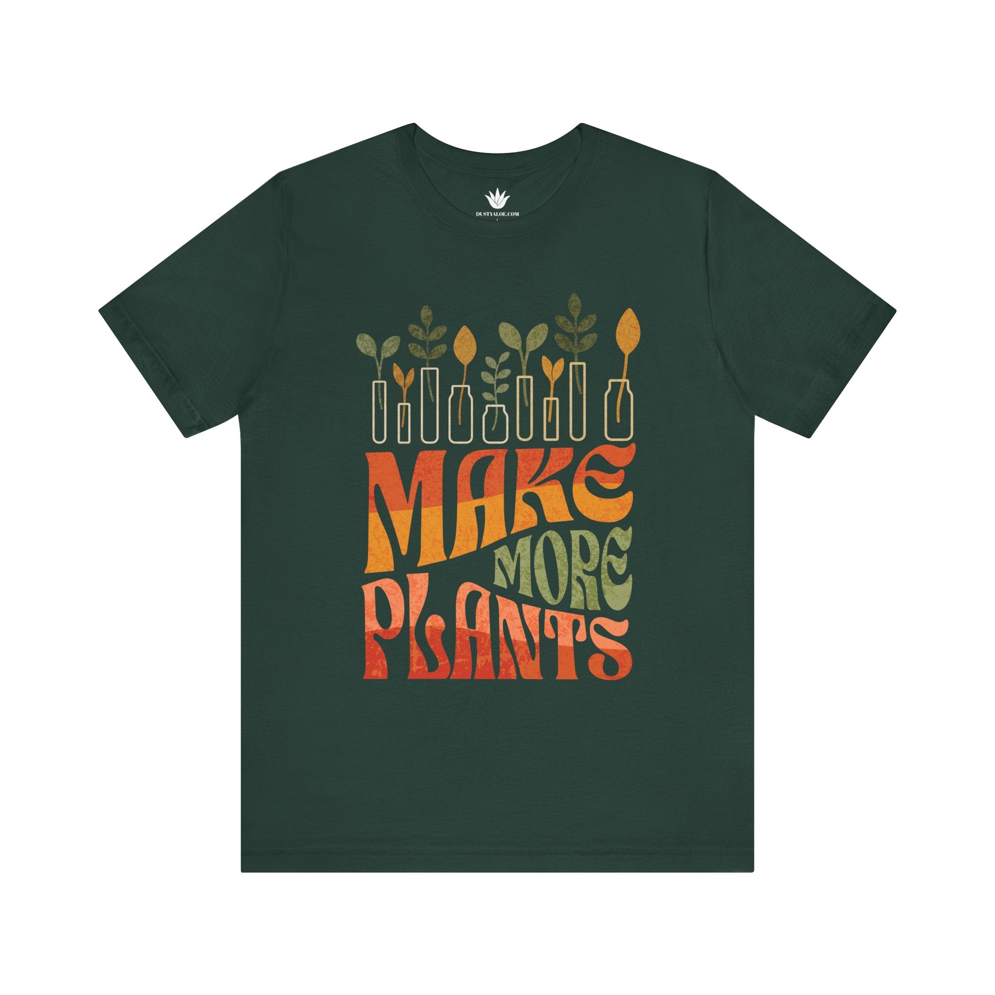 Green t-shirt with 'MAKE MORE PLANTS' text and plant graphics on a white background