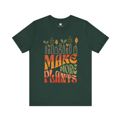 Green t-shirt with 'MAKE MORE PLANTS' text and plant graphics on a white background