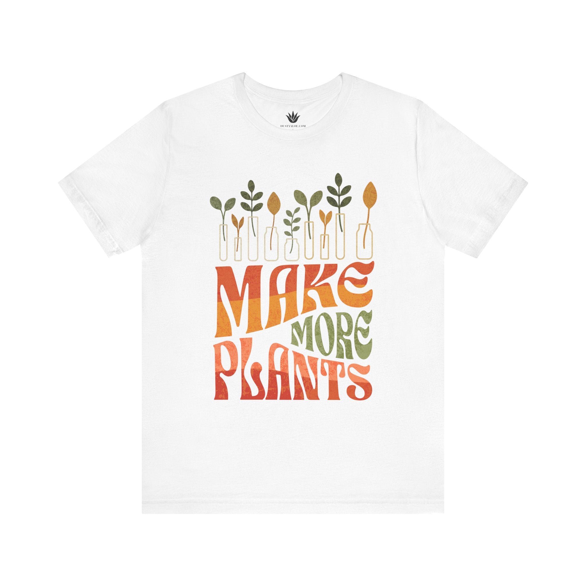 White t-shirt with 'MAKE MORE PLANTS' text and plant graphics on a white background