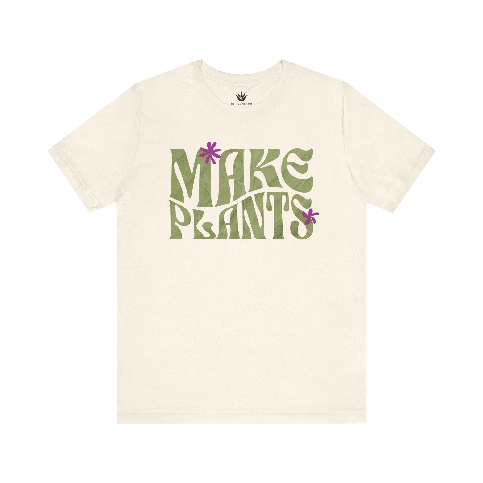 Beige t-shirt with 'MAKE PLANTS' text and flower graphics on a white background