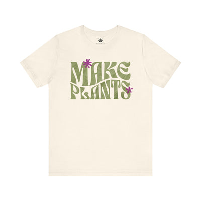 Beige t-shirt with 'MAKE PLANTS' text and flower graphics on a white background