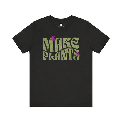 Dark Grey t-shirt with 'MAKE PLANTS' text and flower graphics on a white background