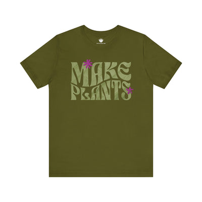 Olive t-shirt with 'MAKE PLANTS' text on a white background