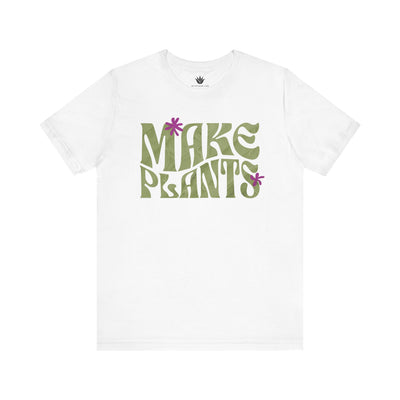 White t-shirt with 'MAKE PLANTS' text on a white background