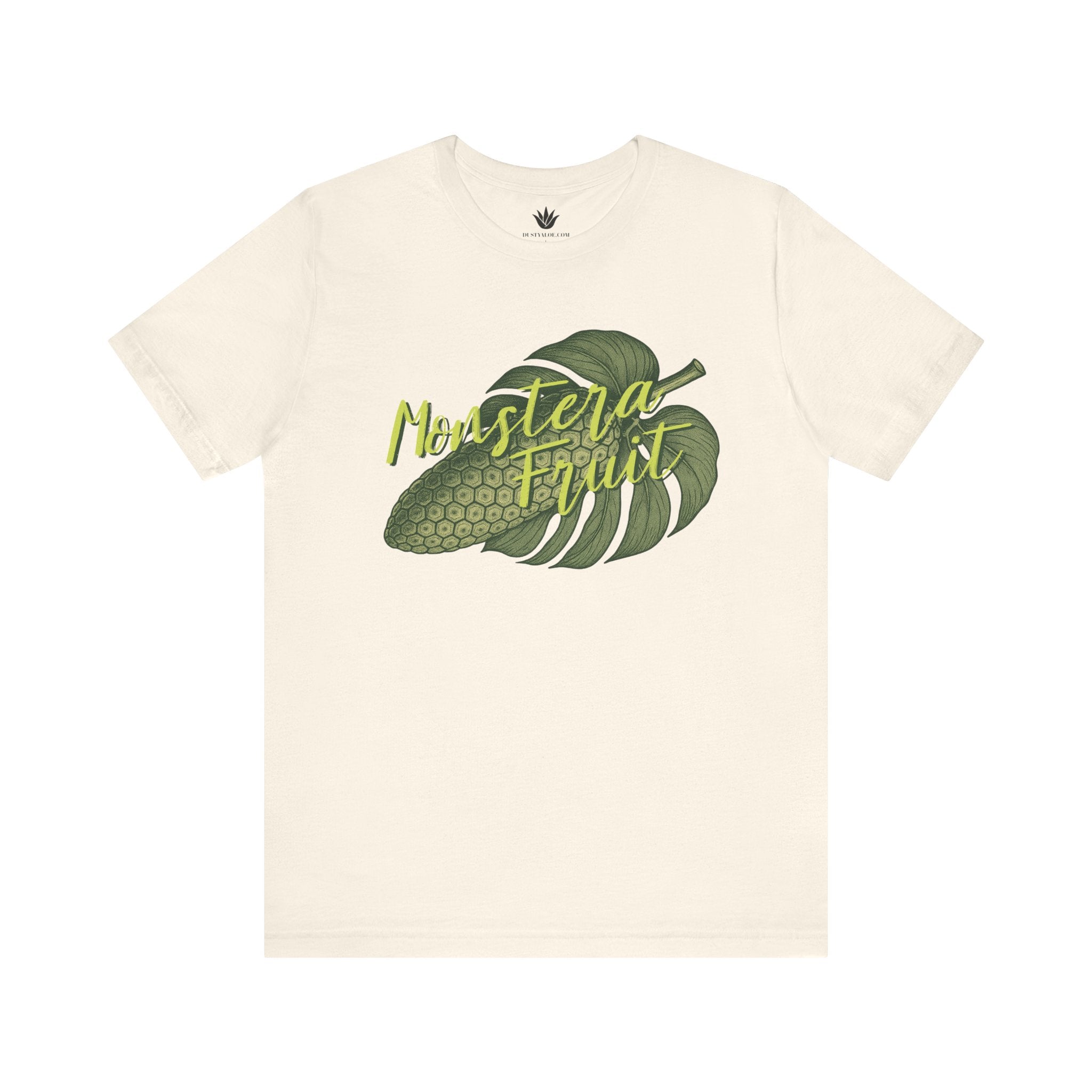 Beige t-shirt with monstera leaf graphic and text on a white background