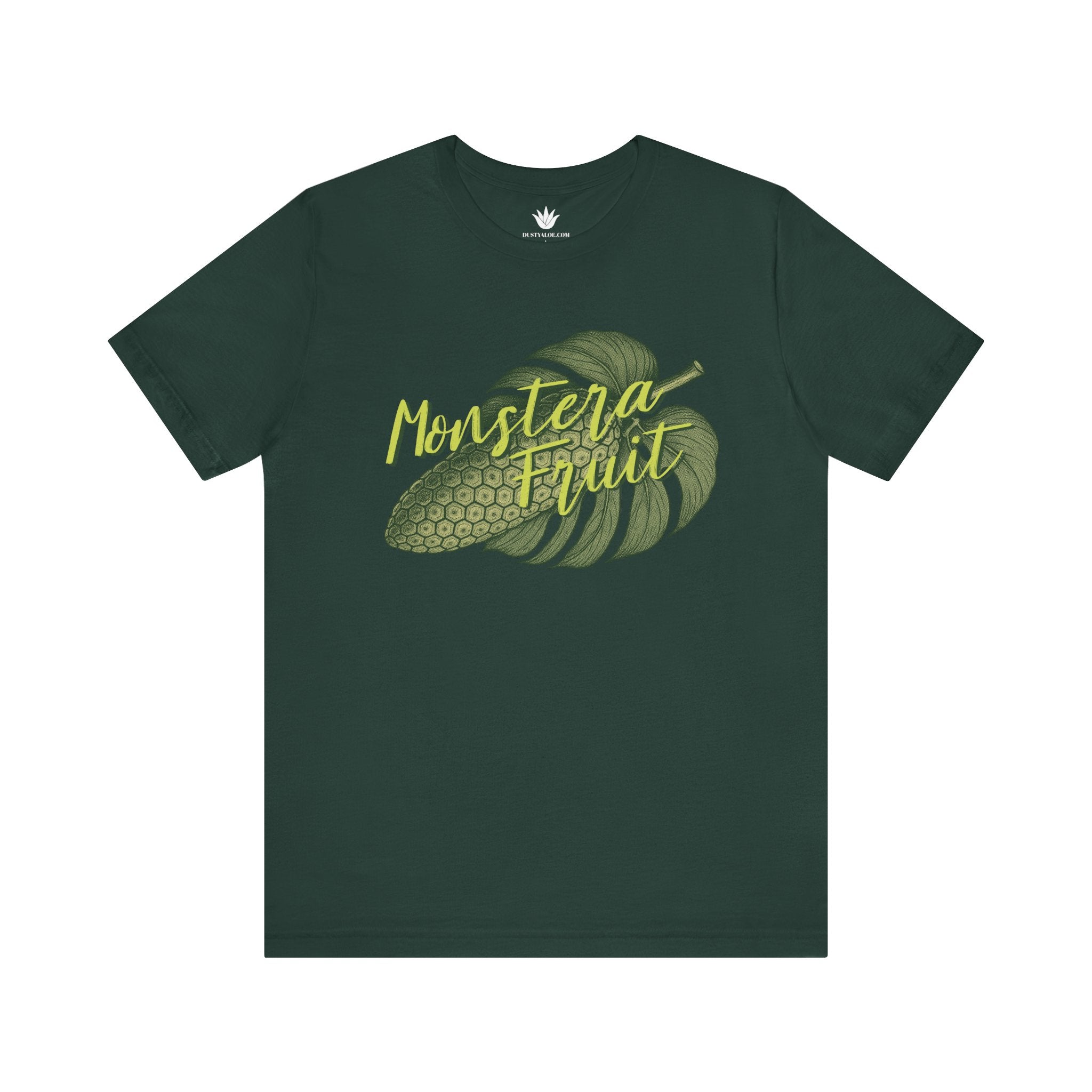 Green t-shirt with 'Monstera Fruit' design on a white background