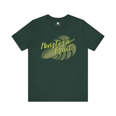Green t-shirt with 'Monstera Fruit' design on a white background