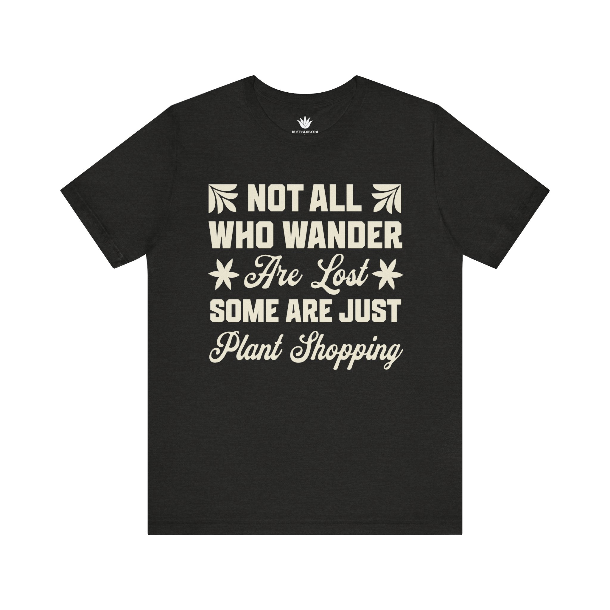 Black t-shirt with white text on a white background