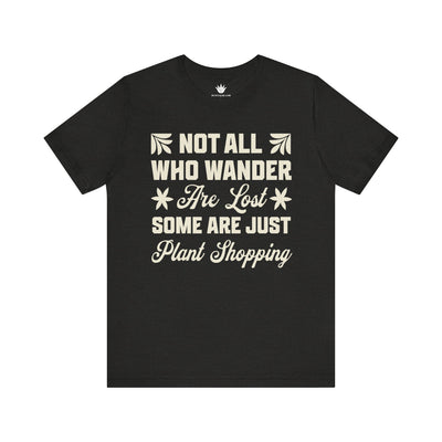 Black t-shirt with white text on a white background