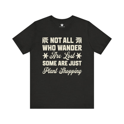 Black t-shirt with white text on a white background