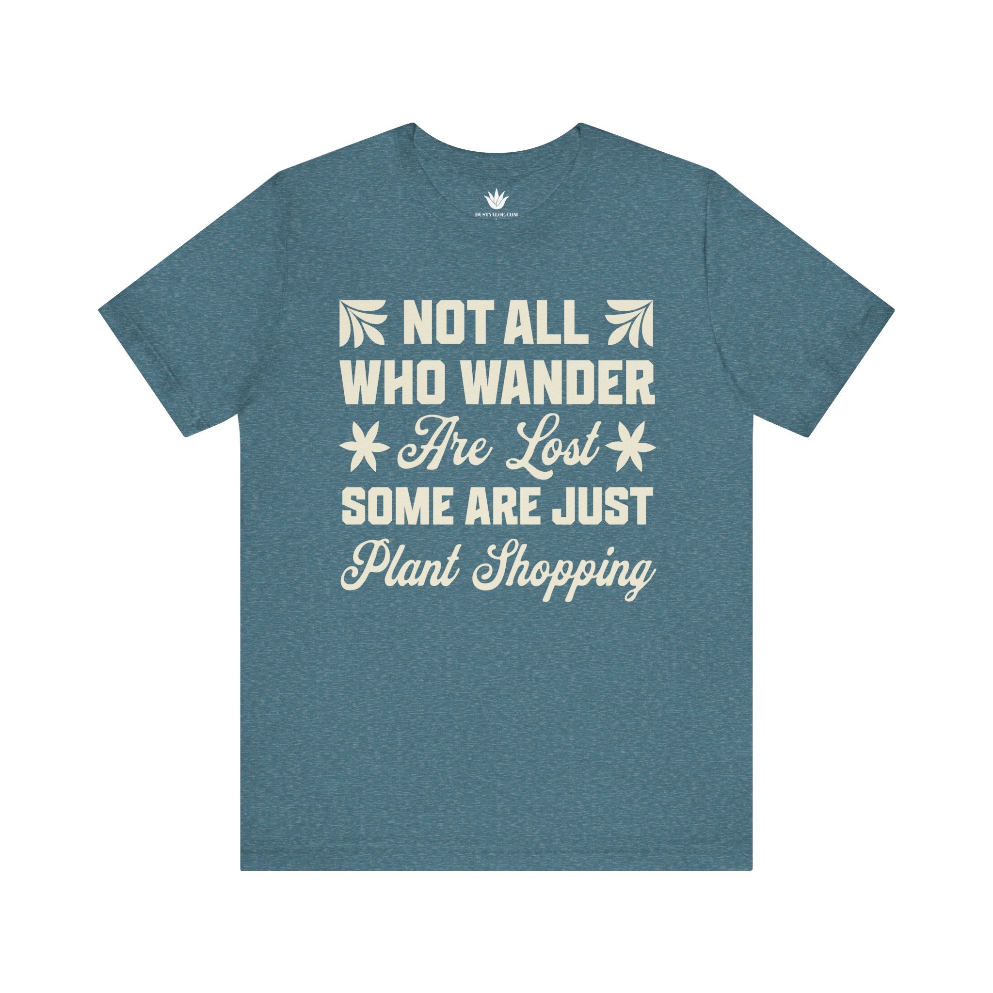 Blue t-shirt with white text on a white background
