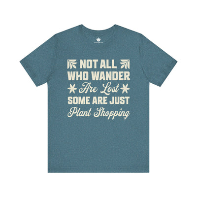 Blue t-shirt with white text on a white background