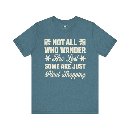 Blue t-shirt with white text on a white background