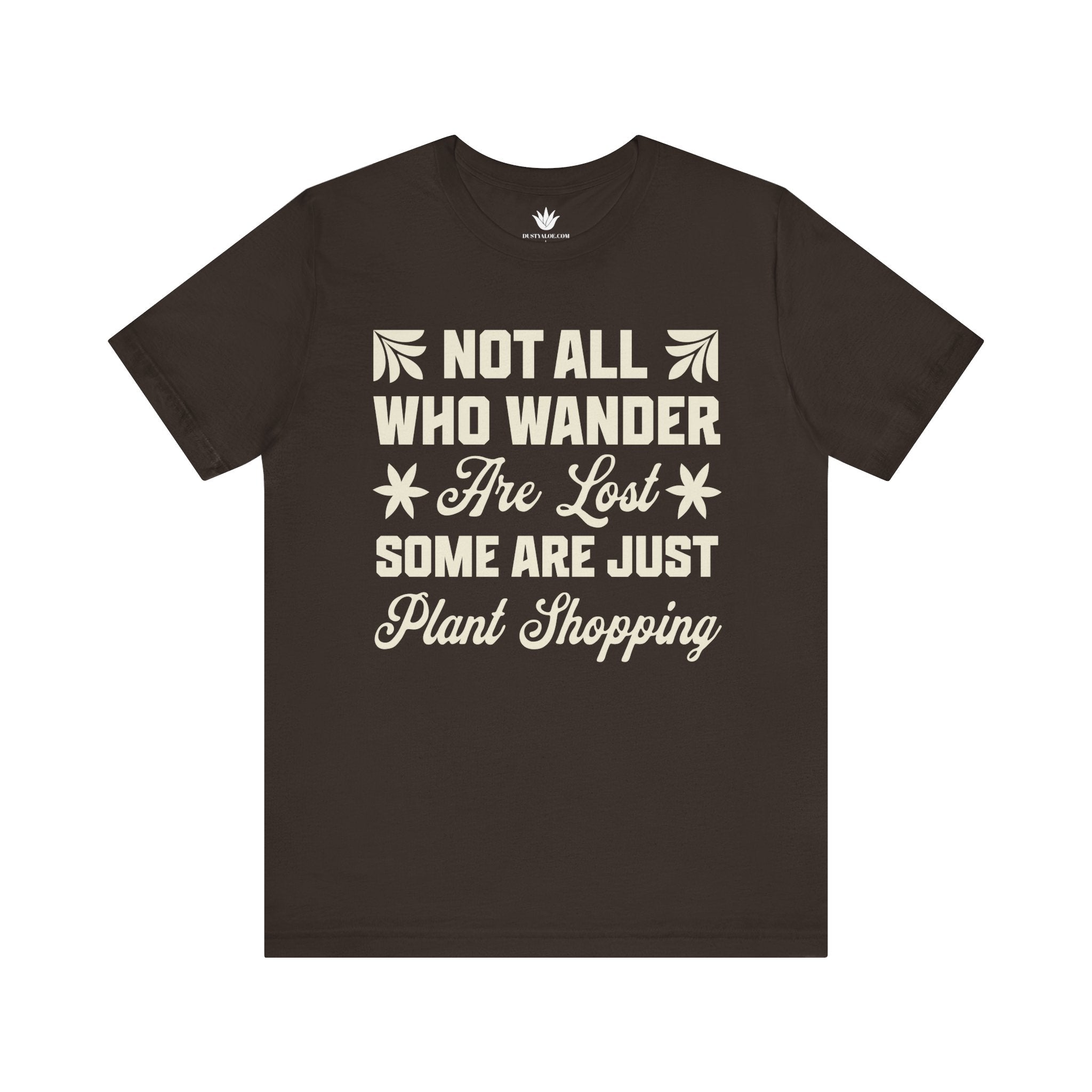 Broun t-shirt with white text on a white background