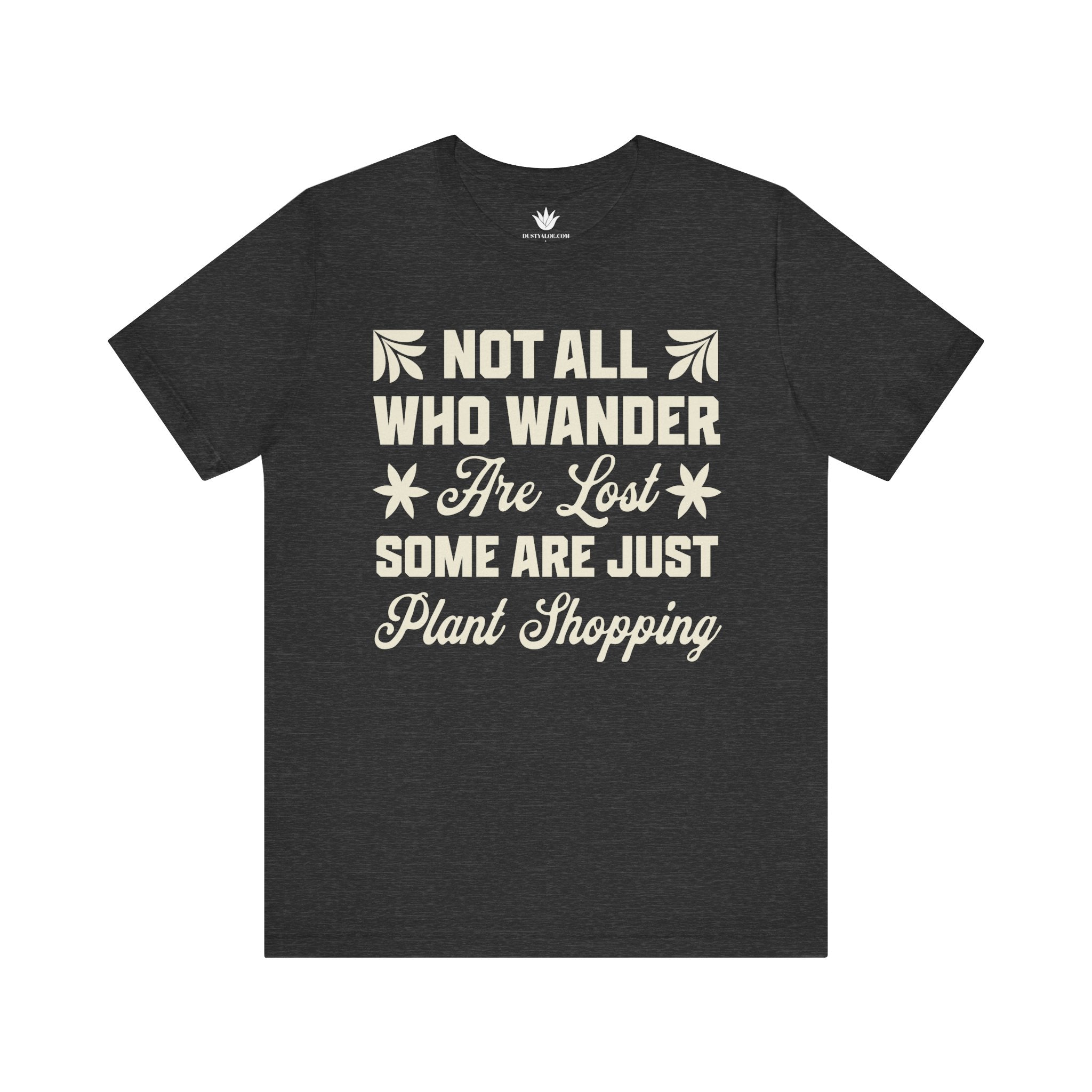 Dark Grey t-shirt with white text on a white background