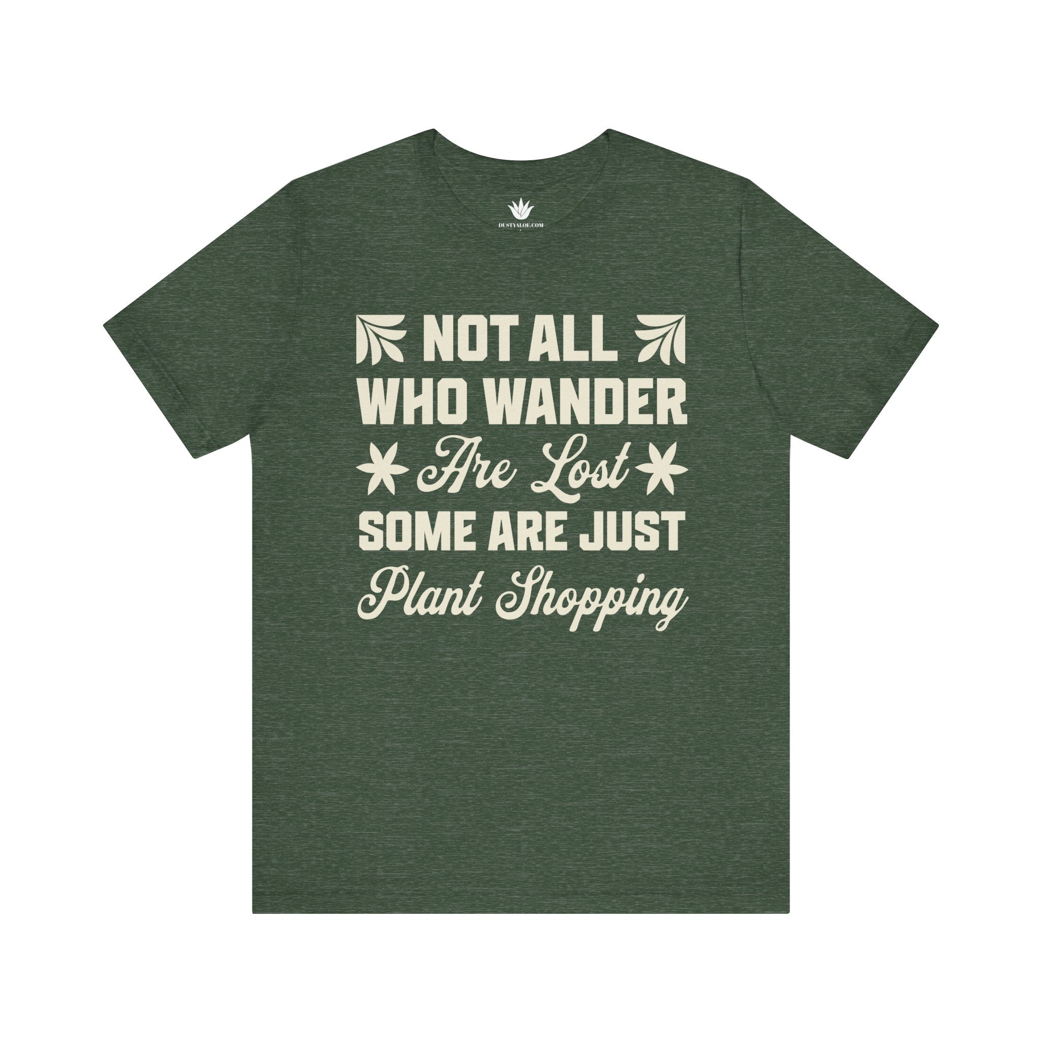 Green t-shirt with white text on a white background