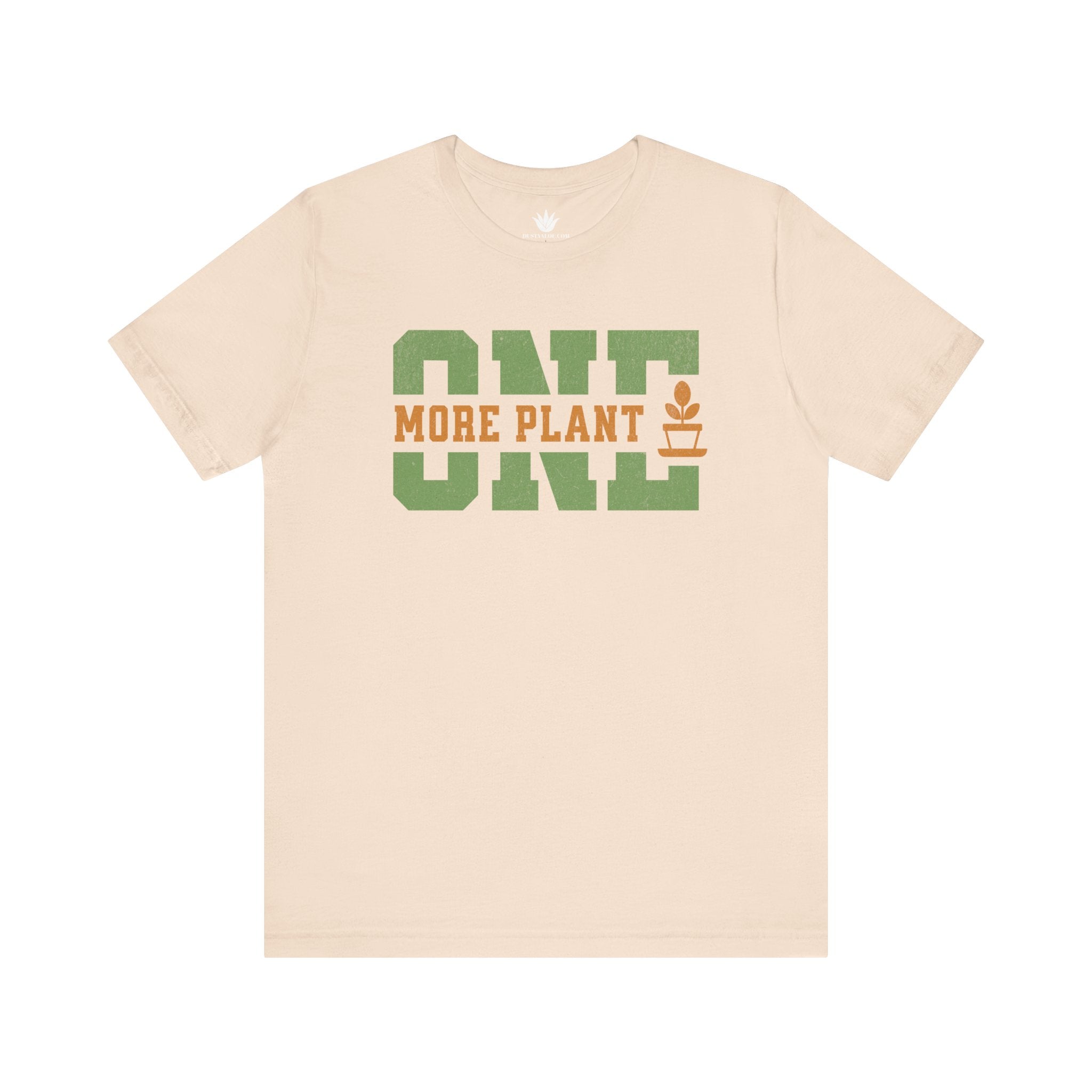 Beige t-shirt with 'ONE MORE PLANT' text on a white background