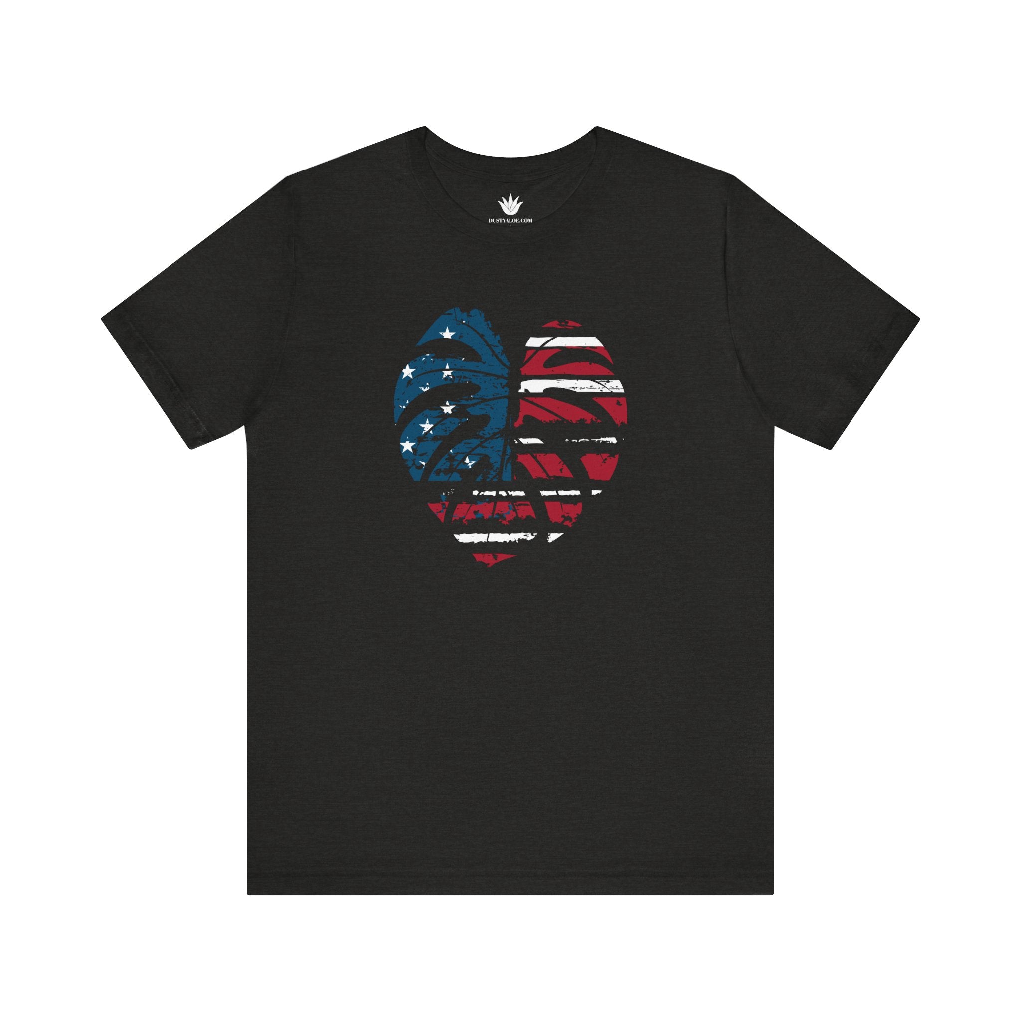 Monstera leaf graphic filled with distressed American flag design – red, white, and blue patriotic plant lover print.