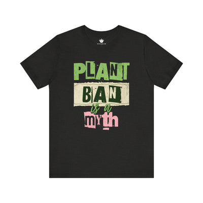 Black t-shirt with green, beige, and pink text on a white background
