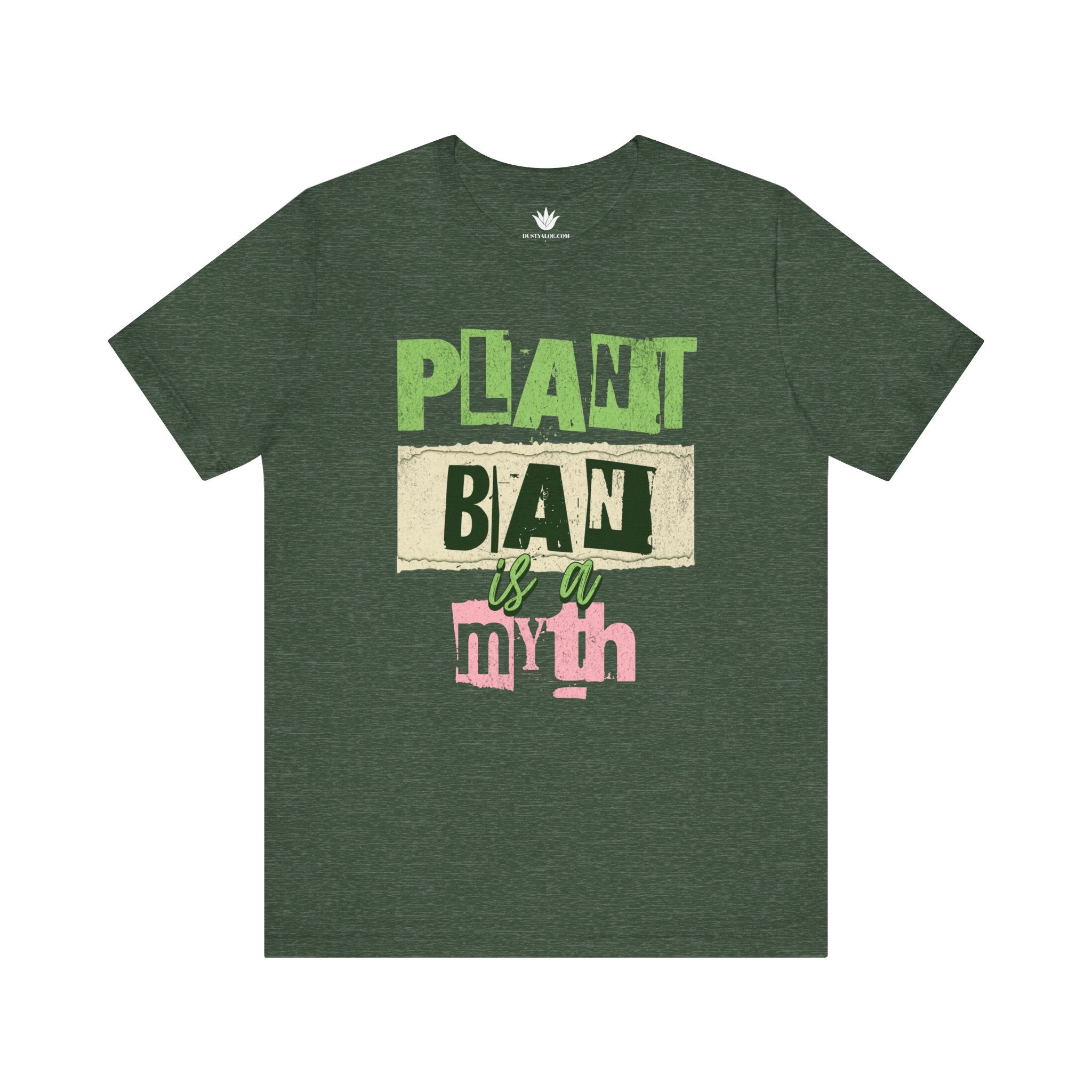 Green t-shirt with text design on a white background