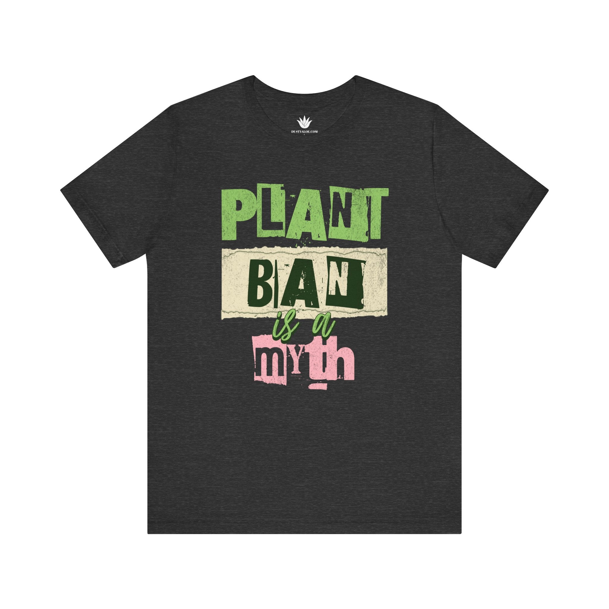 Grey t-shirt with green, pink, and beige text on a white background