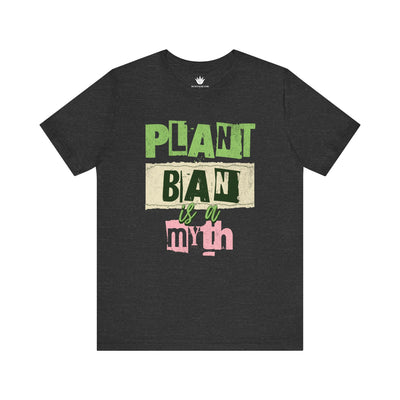 Grey t-shirt with green, pink, and beige text on a white background