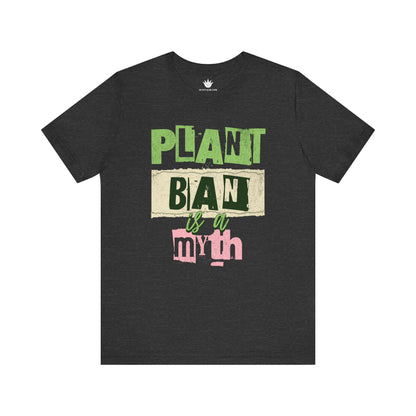Grey t-shirt with green, pink, and beige text on a white background