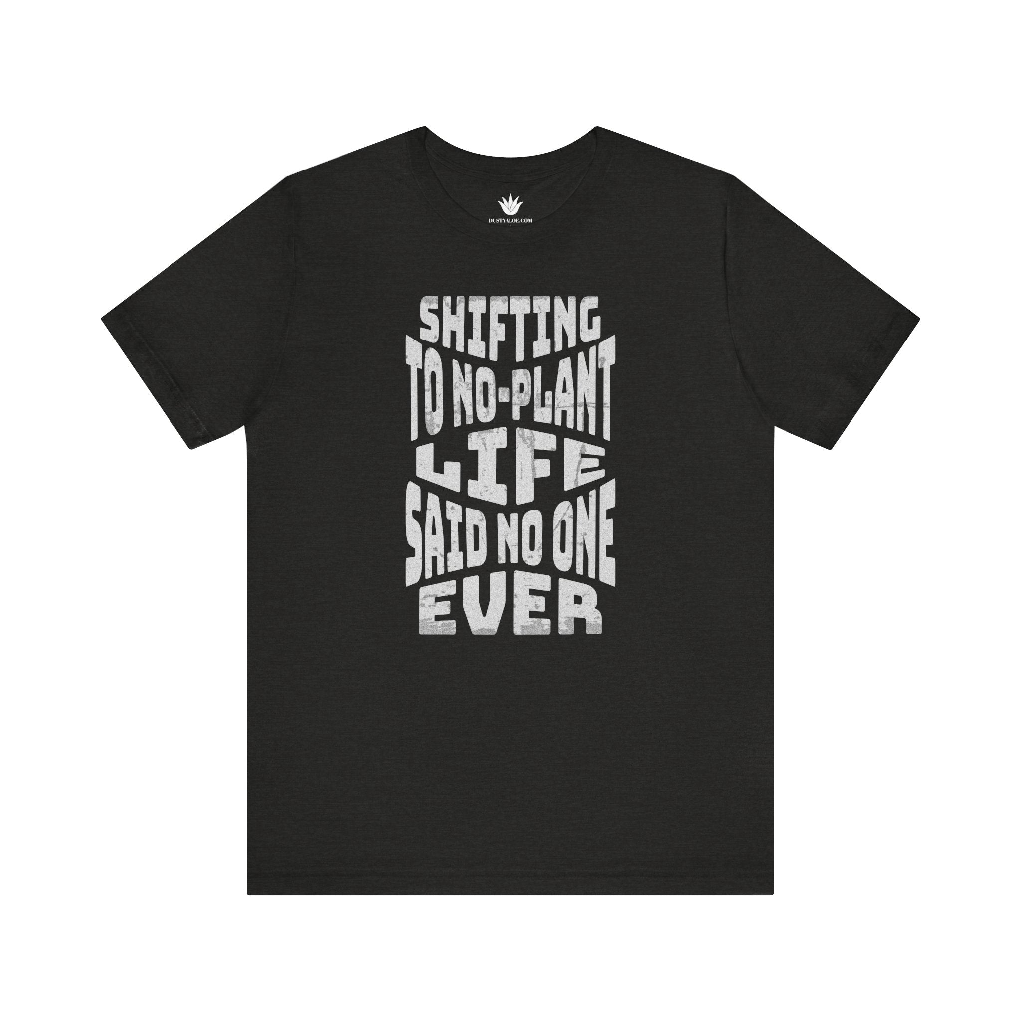 Black t-shirt with white text on a white background
