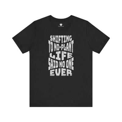 Black t-shirt with white text on a white background