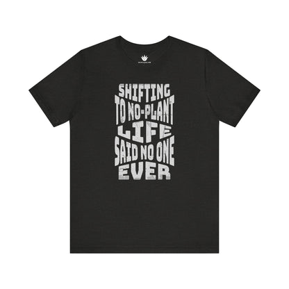 Black t-shirt with white text on a white background