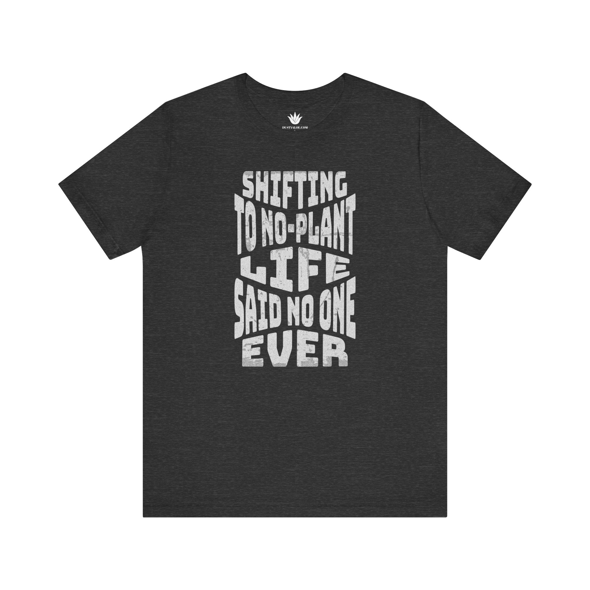 Gray t-shirt with white text on a white background