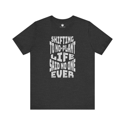Gray t-shirt with white text on a white background