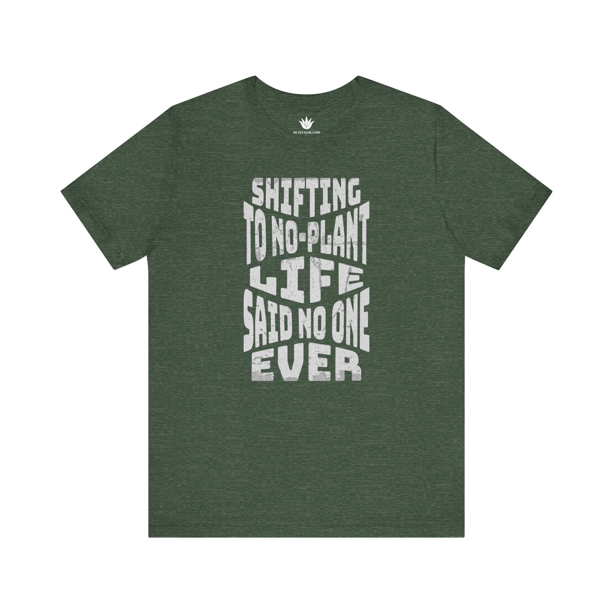 Green t-shirt with white text on a white background